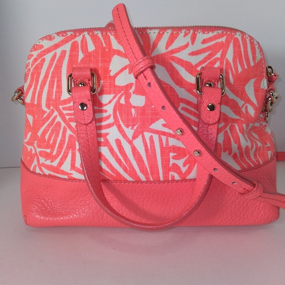 RARE Kate Spade Genuine Leather Pink & White Canvas Palm Tree Satchel Cr… - Picture 9 of 16